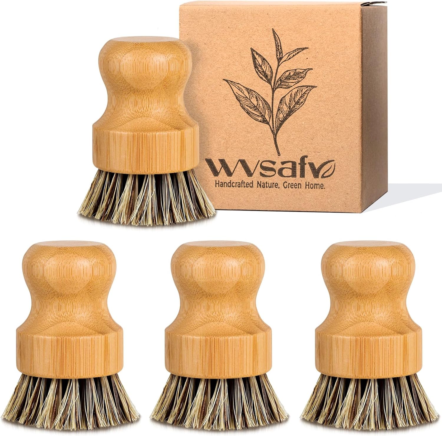 Natural Bamboo Brush, Harden Cleaning Brush, Kitchen Brush, Dish Scrubber for Cleaning Pans, Pots and Sink (4P Palm Bristles)