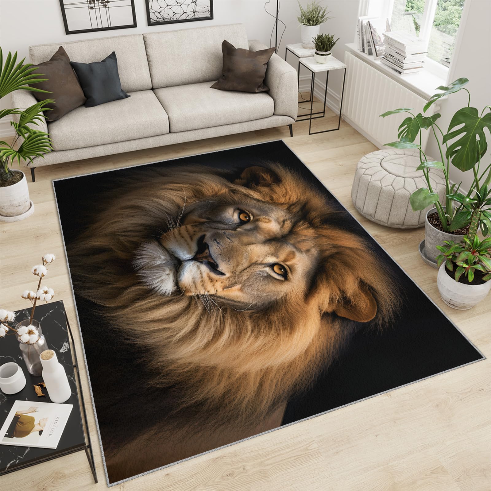 Modern Lion Rugs 3x5 Area Rug, Lion Vintage Washable Rug, Animal Themed Rugs for Bedroom, Lion Print Non Slip Non Shedding Rugs for Living Room Floor