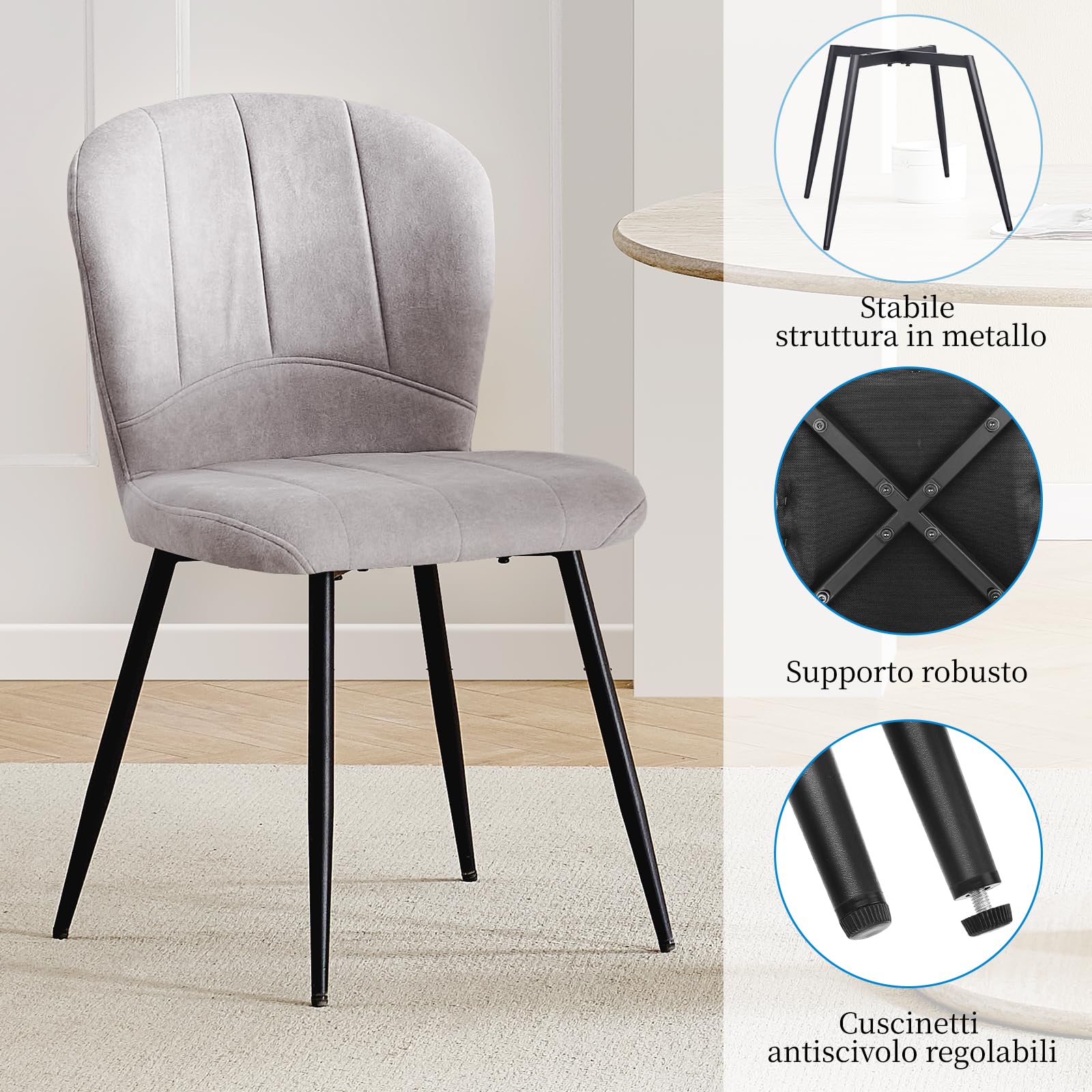 Set di 6 Sedie Sala da Pranzo, Sedie da Cucina, Sedia Imbottita, Schienale in Tessuto con Gambe in Metallo Nero per Sala da Pranzo, Cucina, Grigio Pallido.