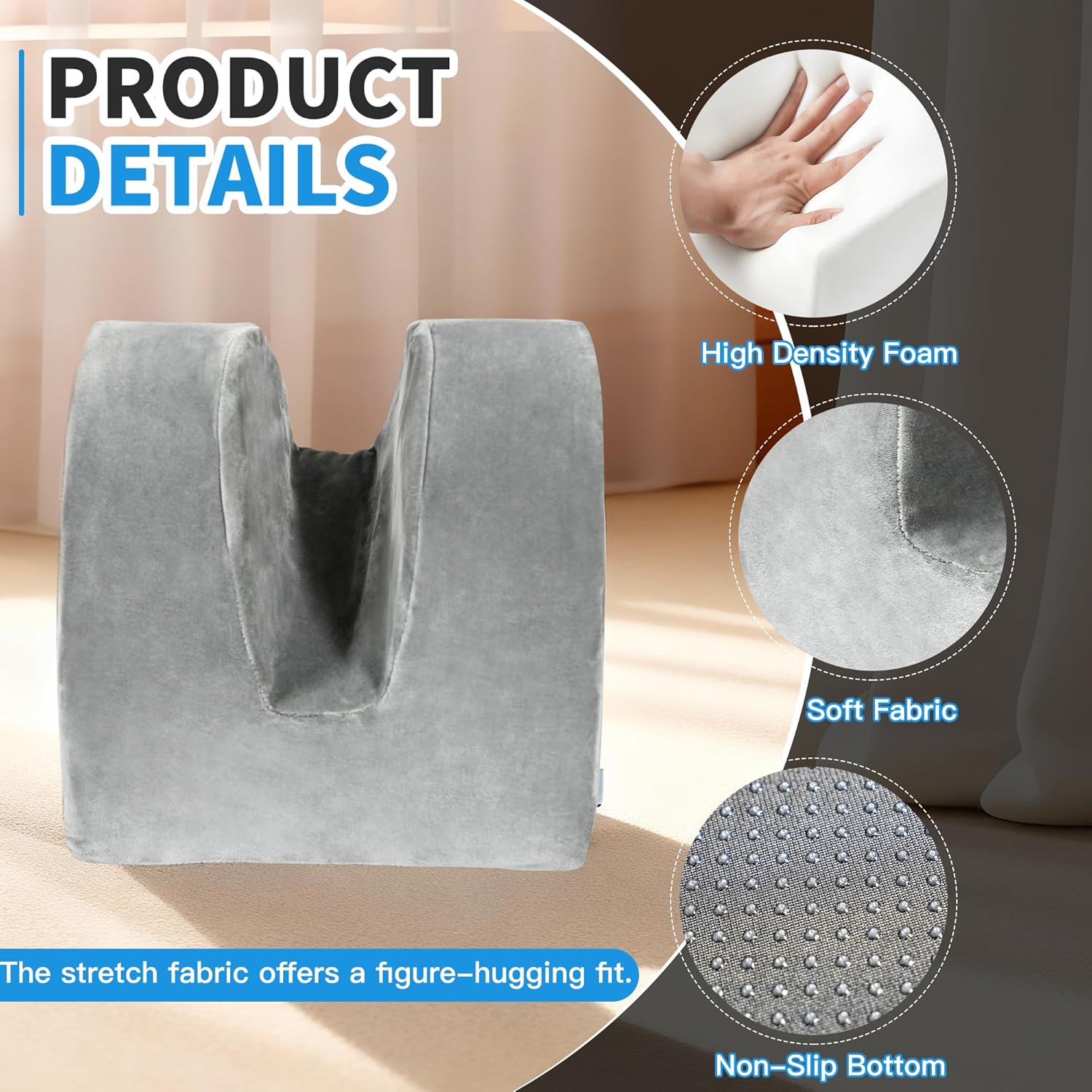 Knee Replacement Pillow for Recovery - Leg Elevation Pillow with Firm Foam for Post-Surgery Sleeping, Hip & Ankle Pain Relief & Swelling Reduction, Includes Washable Velvet Cover (Grey)