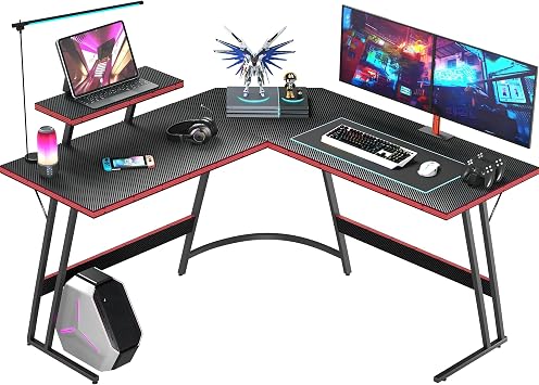 Shahoo L Shaped Gaming Desk, 51 Inch Computer Corner Table with Large Monitor Stand & Carbon Fiber Surface for Home Office Study Writing Workstation, Black