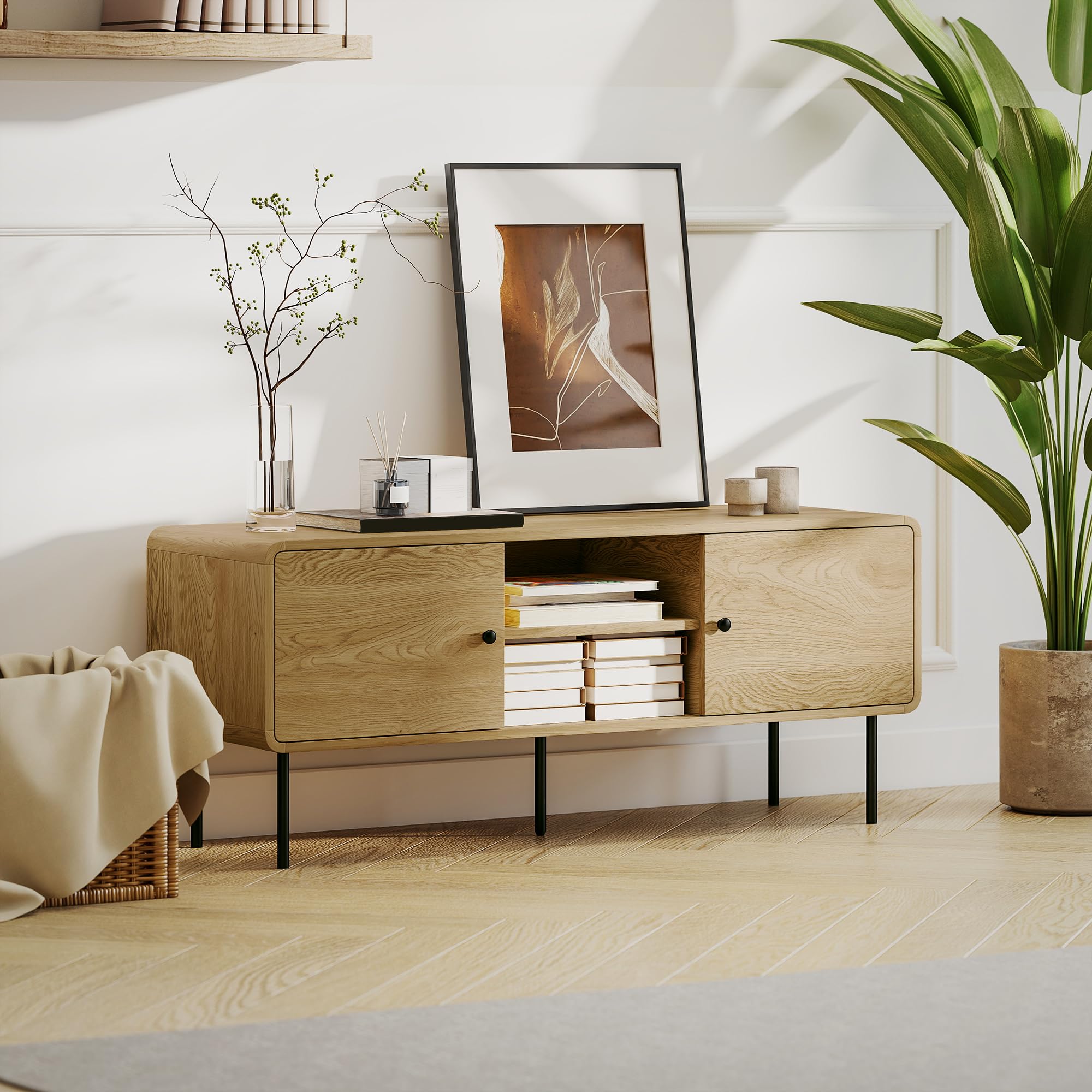 HOMCOM Meuble TV 120 cm avec Coins Arrondis, 55 Pouces, chêne | Passe-câbles, 2 Compartiments Ouverts, Pieds en Acier, Banc TV Moderne, Salon, Chambre à Coucher