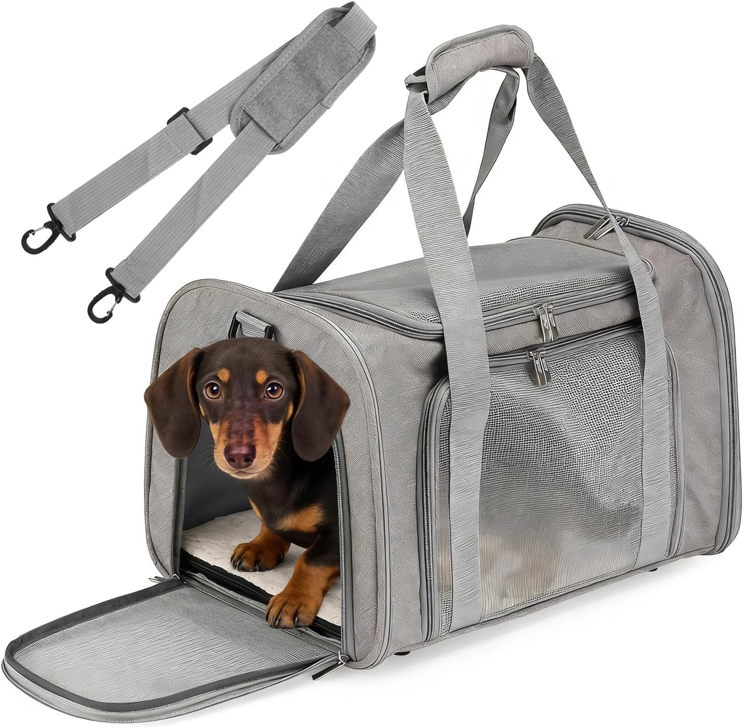 Dachshund Carrier Bag, 19.7 x 13.8 x 13.8 Inch Pet Carrier for Small Dogs, Soft Sided, with Breathable Mesh for Comfort, Portable and Collapsible Travel Carriers for Dachshund Puppy Dogs, Gray