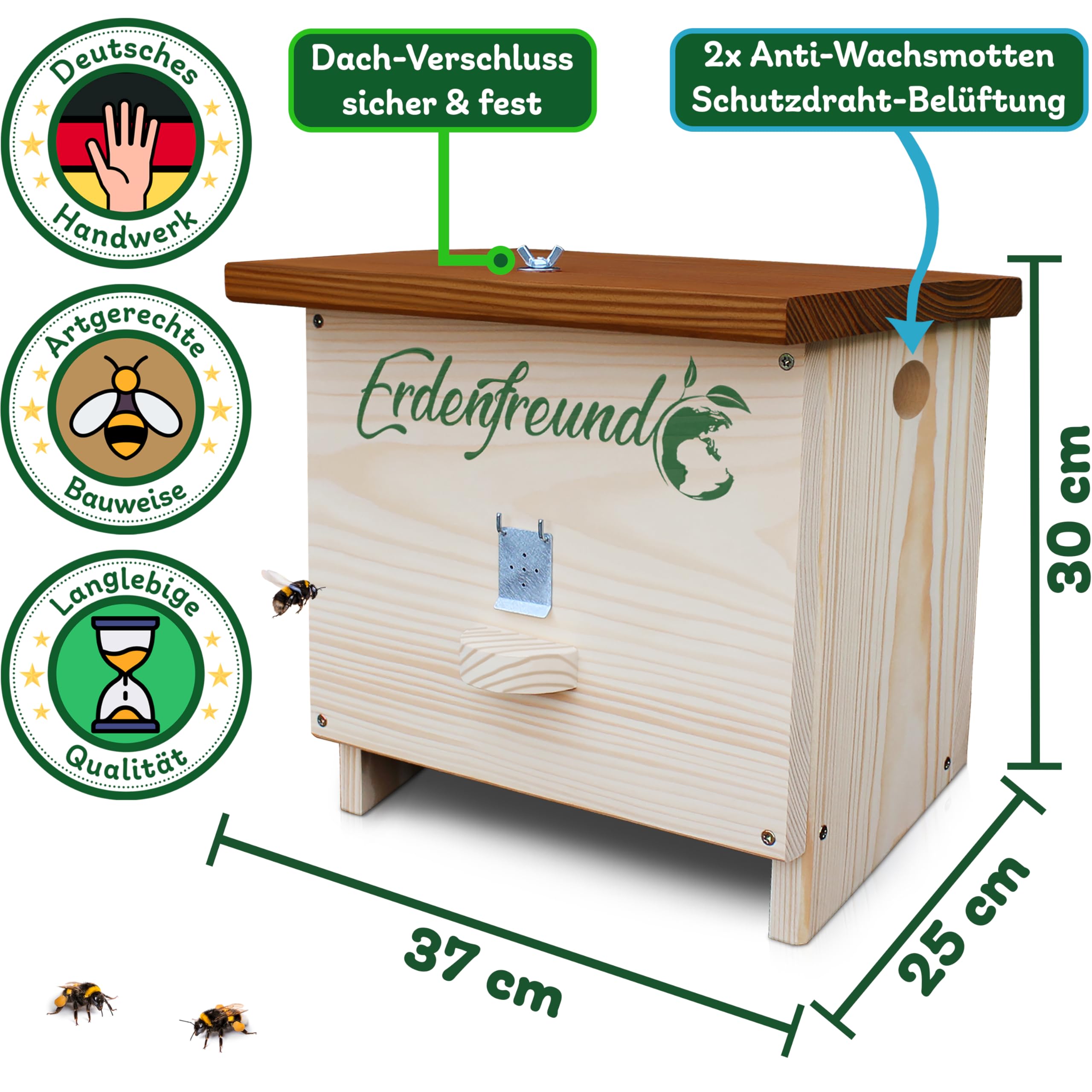 Erdenfreund® Hummelhaus mit Wachsmottenklappe und Räuberschutz Dachverschluss Hummelhotel + austauschbarer Nistkarton, Natur-Nistmaterial & Anleitung