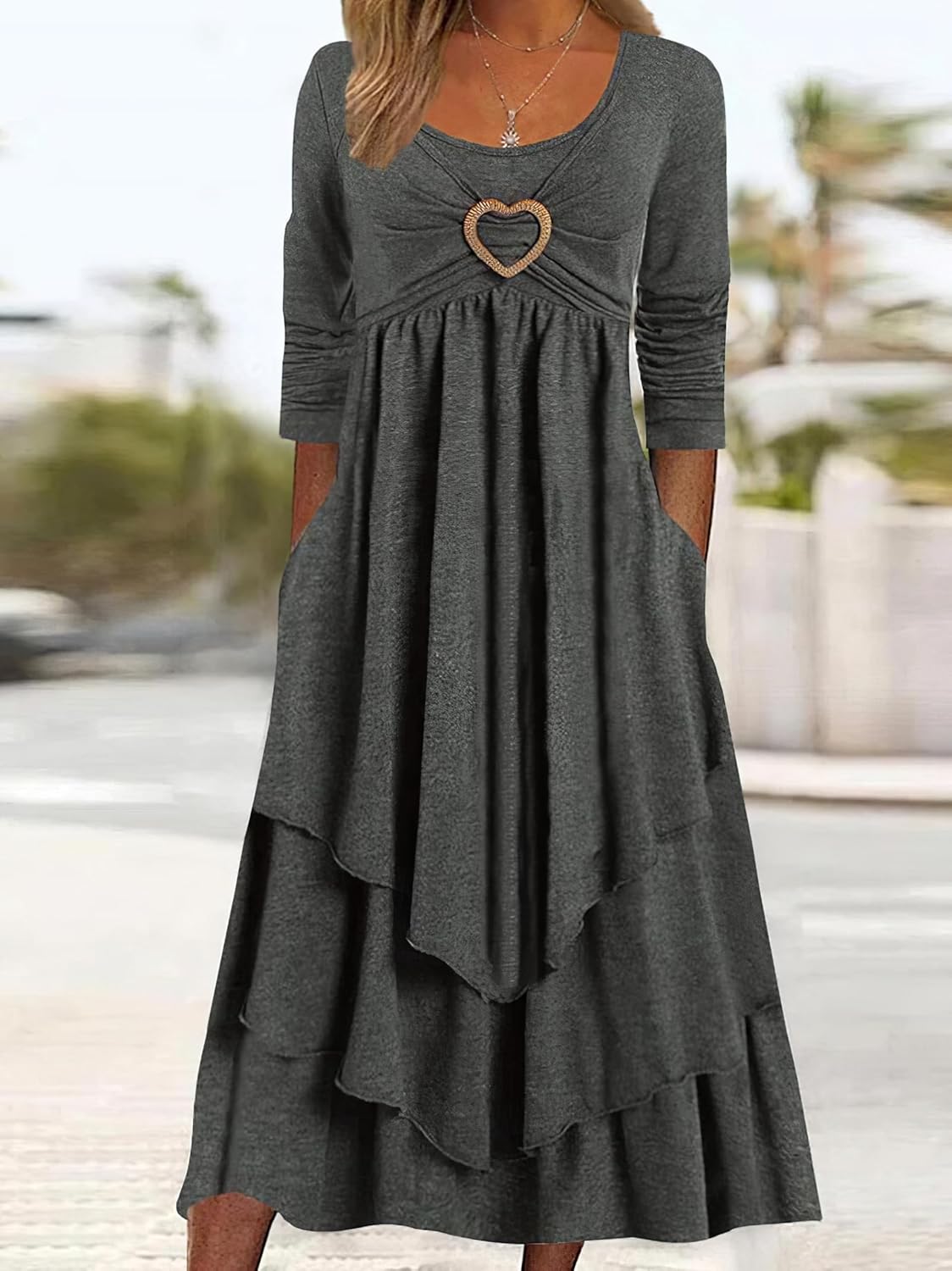 Akivide Womens Fall Dresses for Wedding Guest, Casual Plus Size Cute Heart Long Sleeve Tiered Maxi Dress with Pockets - Image 2