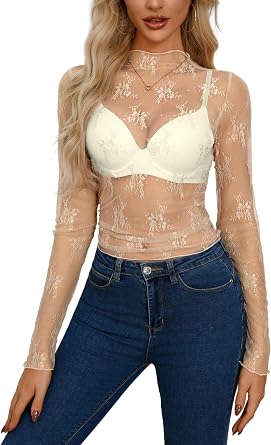 AISEW Womens Mesh Sheer Long Sleeve Crop Tops Mock Neck Sexy See Through Tee Shirts Lace Floral Y2K Layering Top Blouses