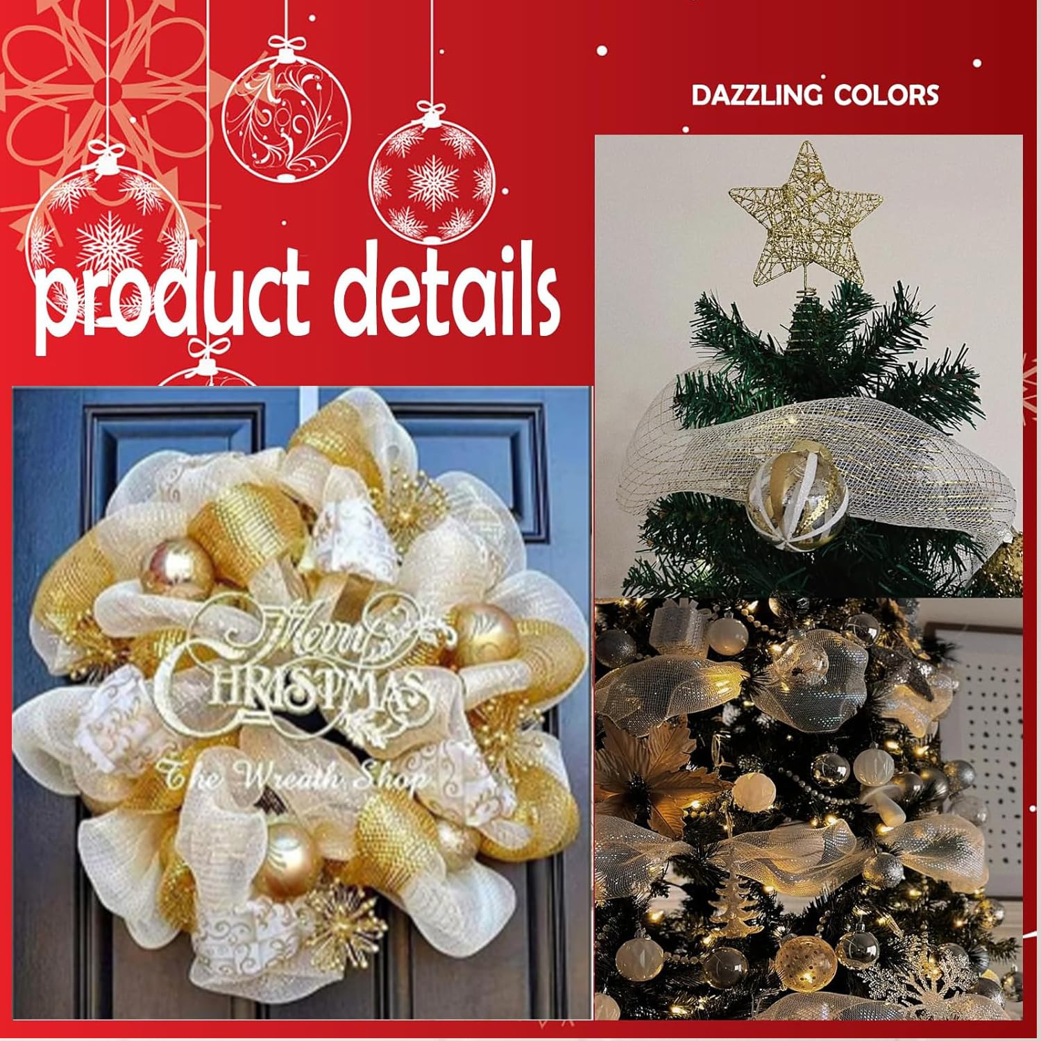 Guirnalda Decorativa Navideña, Guirnalda para Árbol De Navidad, Cinta De Malla De Lámina Dorada, Decoración De Jardín con Barandilla para Fiesta De Bodas De Pascua, 26 Cm X 9,14 M (Lámina Blanca)