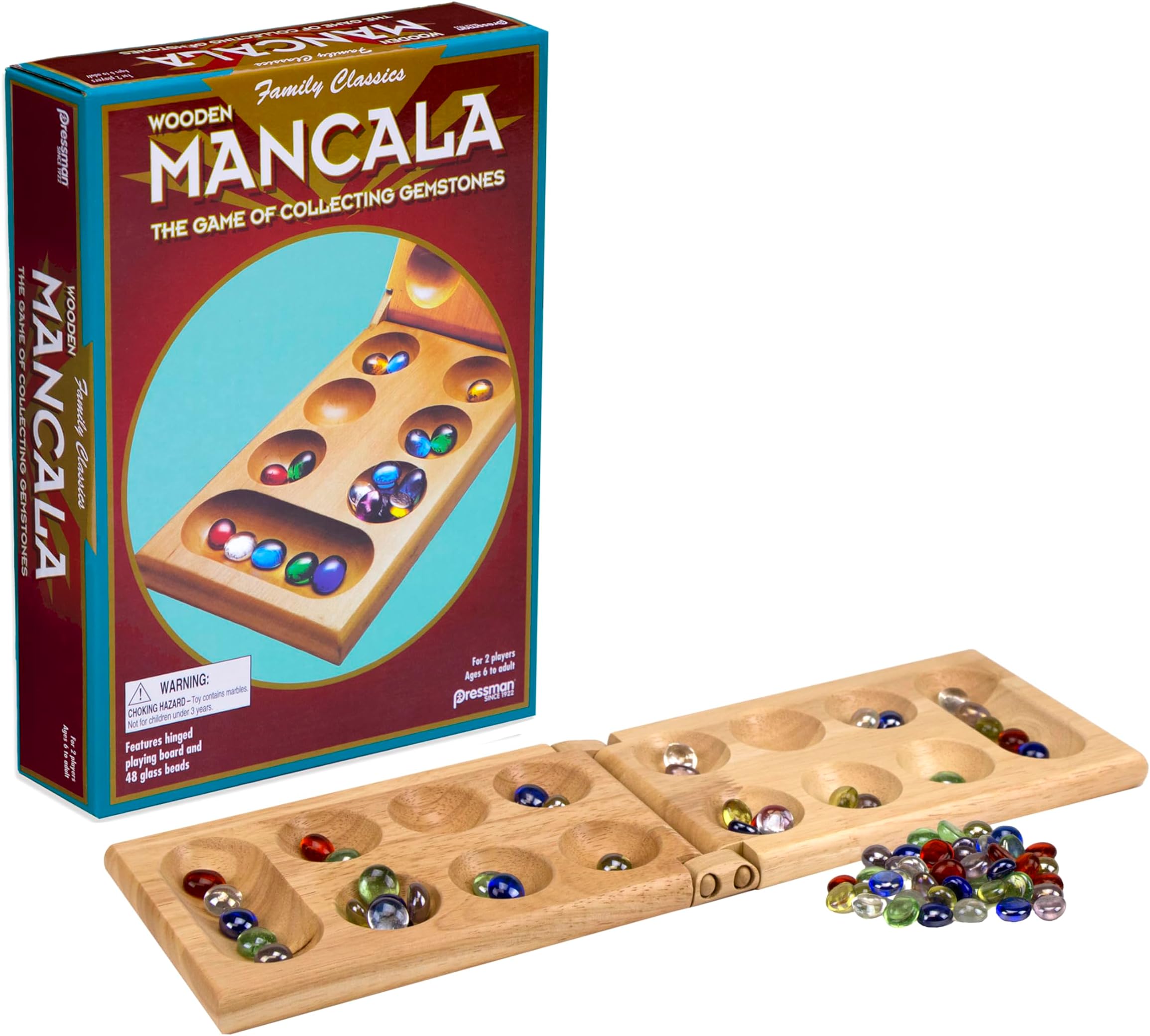 Pressman Mancala - Real Wood Folding Set, with Multicolor Stones by Pressman, 2 players