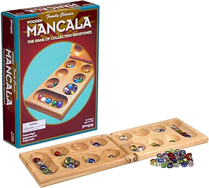 Pressman Mancala Board Game | Fun Classic Table for Adults & Kids | Includes 48 Glass Mancala Stones and Wood Hinged Playing Board | 2 Players, Ages 6+
