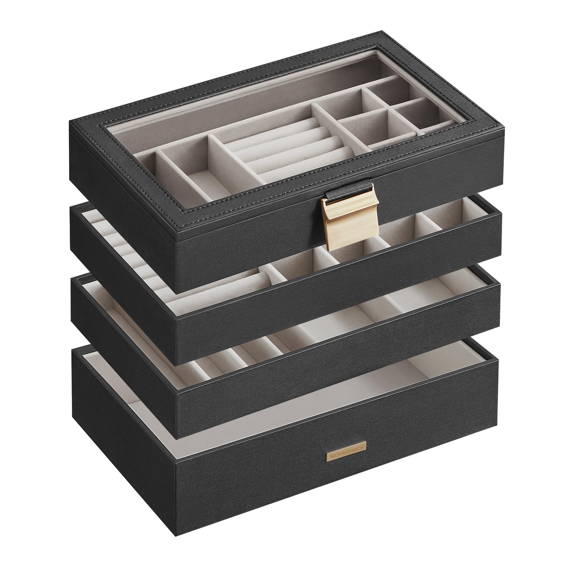 SONGMICS Scatola Portagioie con 4 Vassoi Impilabili, Porta Gioielli Capiente, Coperchio in Vetro Chiaro, 17 x 28 x 18,3 cm, per Cassetto Toeletta, Idea Regalo, Nero Inchiostro JBC164B01