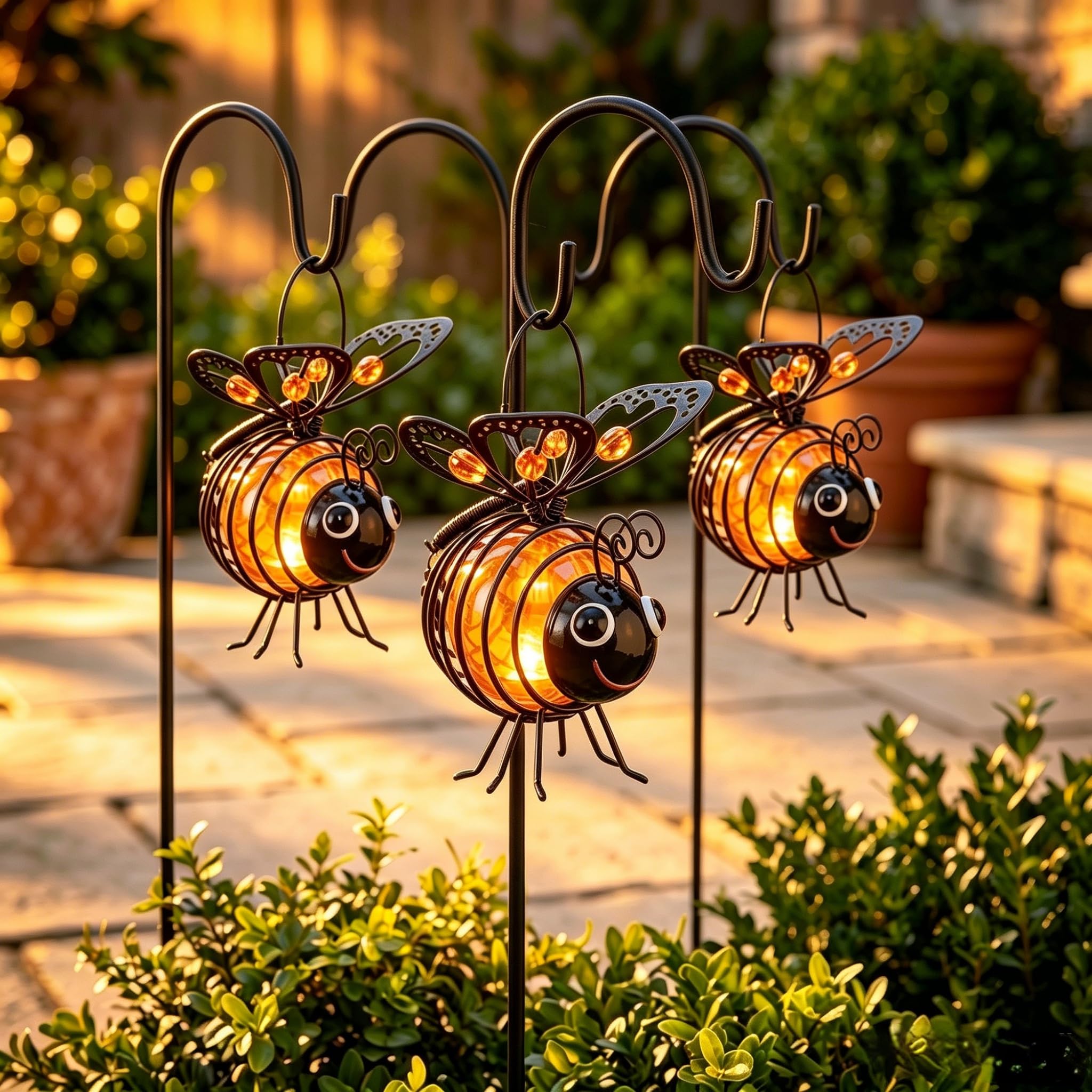 3PCS Bee Solar Lights Outdoor Garden, Metal Solar-Powered Hanging Bee Light