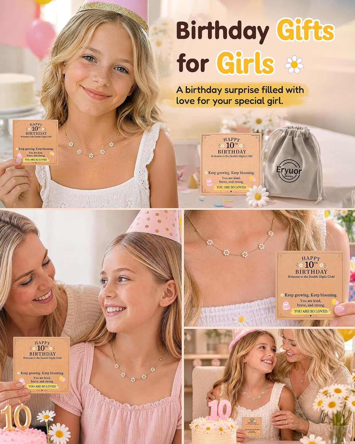 Eryuor Keep Blooming, Daisy Necklace Birthday Gifts for 9-12 Year Old Girls