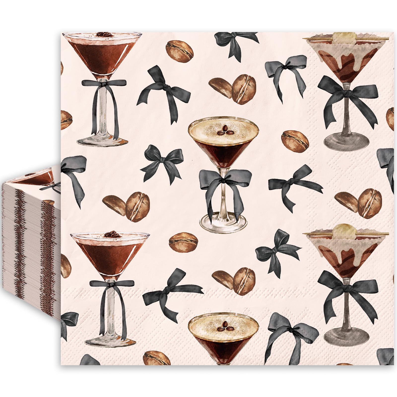 JarThenaAMCS 50Pcs Espresso Martini Napkin Black Bow Love is Brewing Coffee Cocktail Disposable Napkin A Tini Bit Older Paper Beverage Napkin for