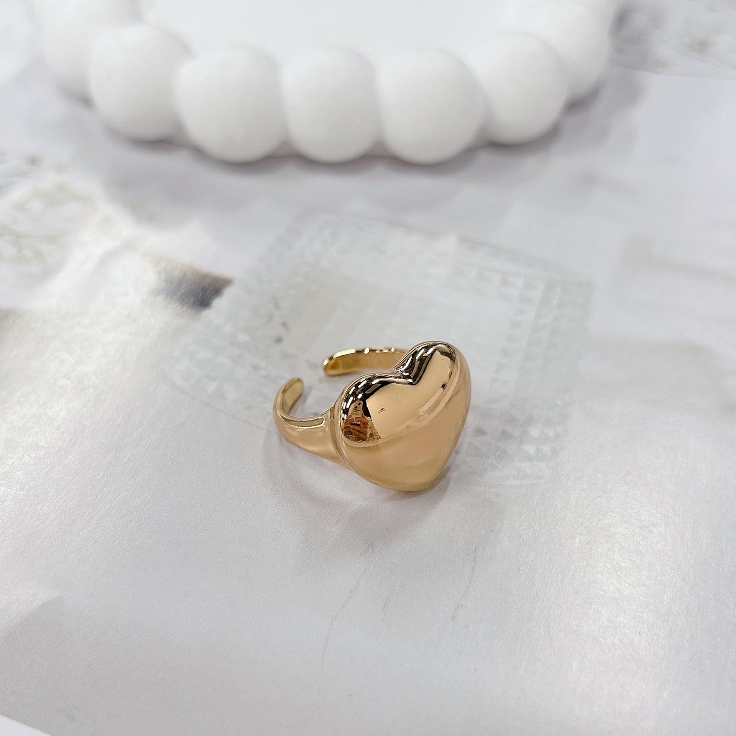 Chunky Thick Heart Statement Classical Ring for Women Open Band Stylish Stackable Wide Polished Gold Big Love Comfort Fit Knuckle Finger Rings Adjustable Wedding Promise Valentines Fashion Jewelry - Image 4