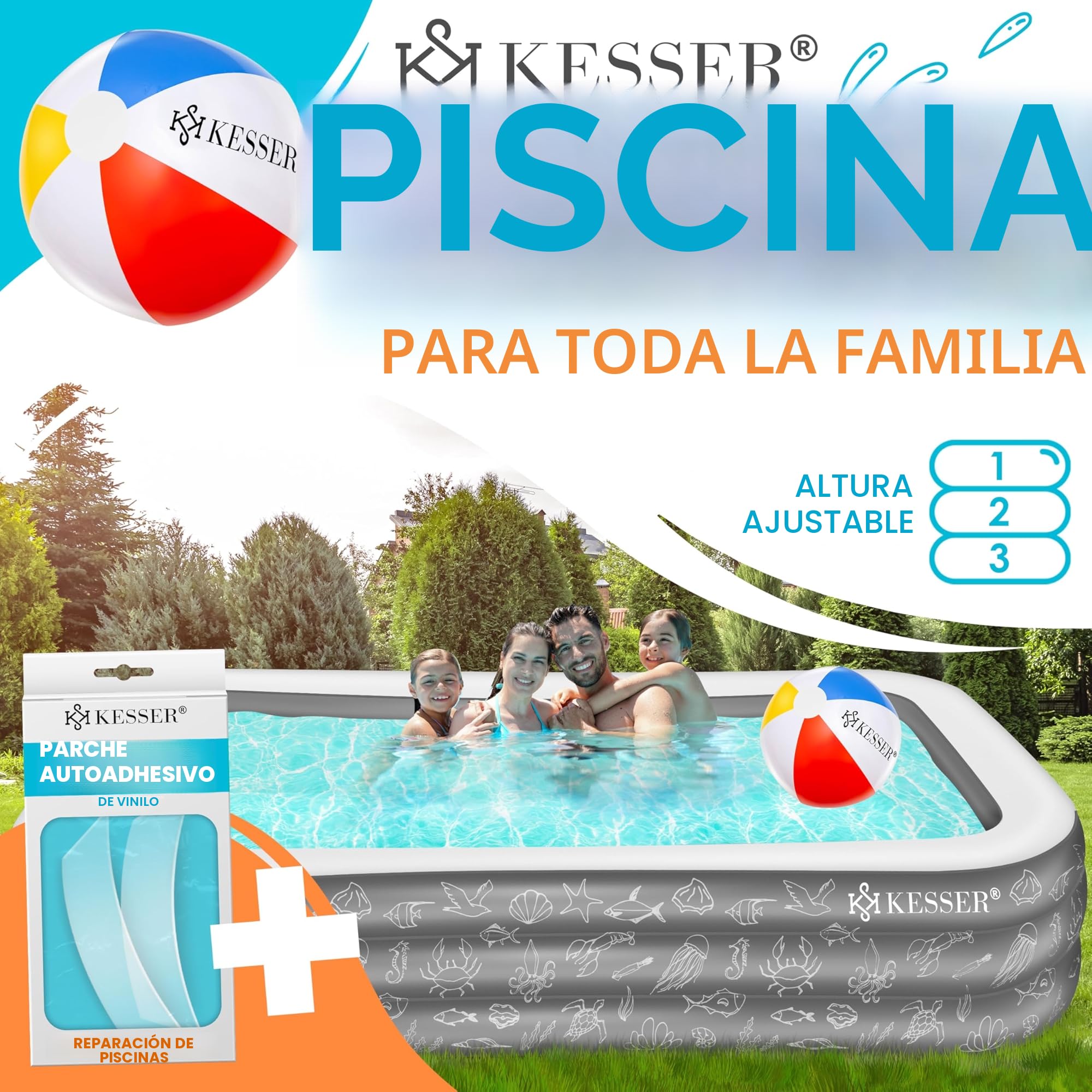 KESSER Piscina hinchable familiar para niños y adultos, piscina familiar, verano, 240 x 142 x 56 cm, 613 litros, capacidad para niños, incluye kit de reparación y pelota