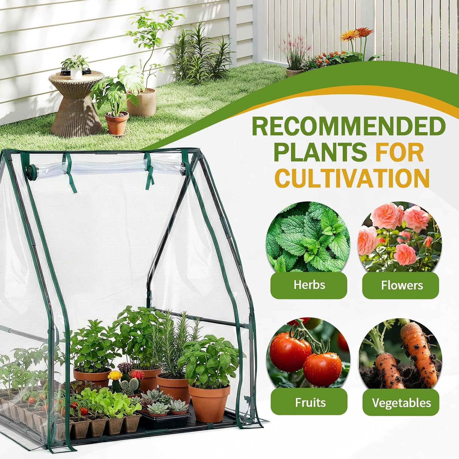 Outvita Mini Greenhouse, Outdoor 3'x3'x3' UV Protected 2-Layer PVC Cover Plant Hot House for Flowers, Seed and Vegetables Protection with Roll-up Zippered Doors for Patio Balcony Backyard