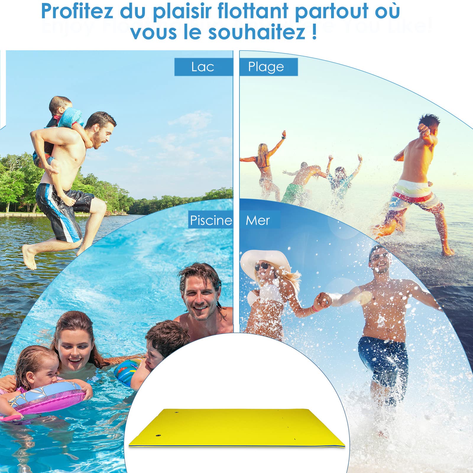 GOPLUS 270 x 180 cm Alfombra Flotante de Espuma XPE (Amarillo,270x180 cm) | Flotadores Grandes Playa para 3-5 Personas y 3 Capas, Carga 300 kg, Colchoneta Piscina para Adultos y Niño