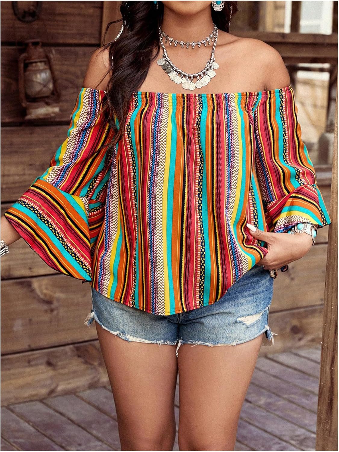 Women's Plus Size Striped Ruffle Blouse Boho Off The Shoulder Tops Half Sleeve Flowy Shirts Festival Outfits - Image 3
