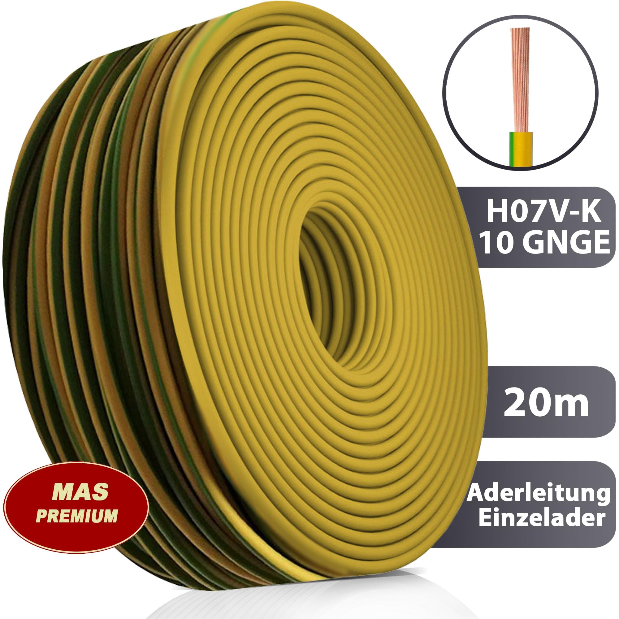 MAS Premium De 5 a 100m de cable unipolar H07 V-K 10 mm² Negro, marrón, azul oscuro, verde amarillento, azul claro o rojo Cable unipolar flexible (verde amarillento, 20m)