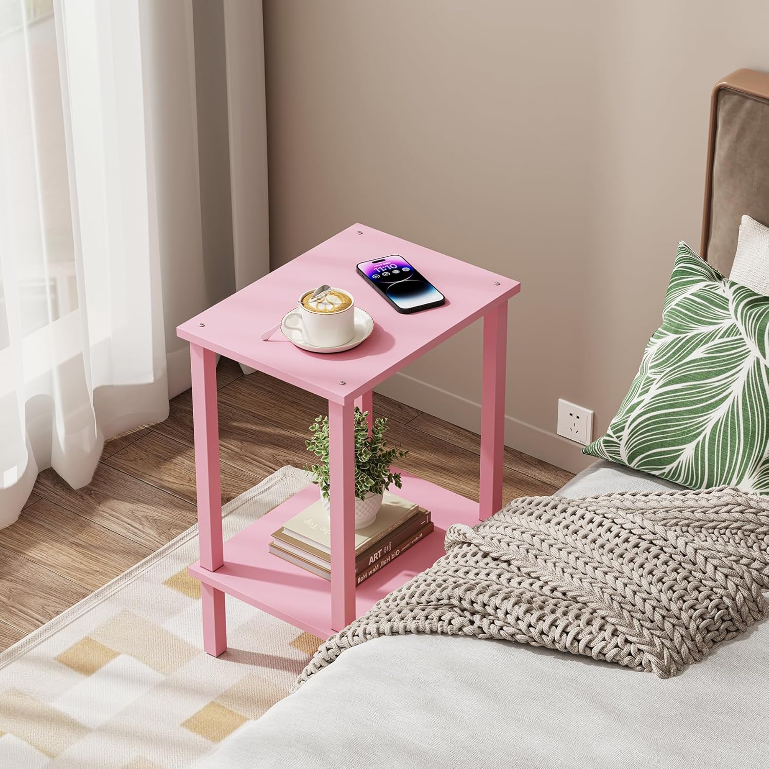 TUTOTAK End Table, Side Table, Nightstand, 2-Tier Storage Shelf, Sofa Side Table for Small Space, Living Room, Bed Room Pink TB01BP034
