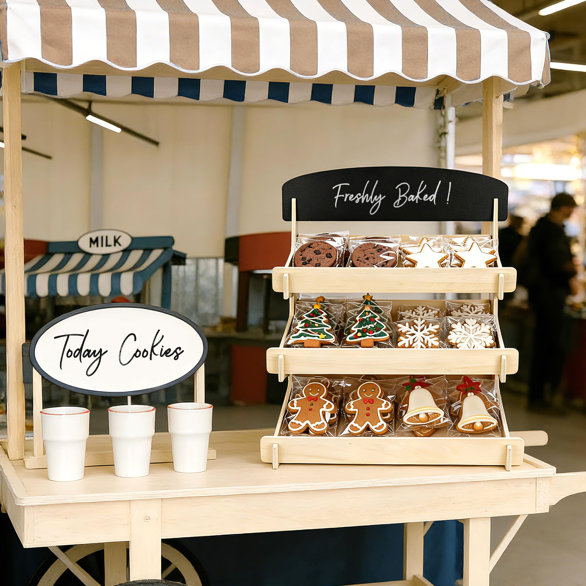 Espositore per biscotti in legno con lavagna per banchetti di mercato, fiere artigianali ed eventi, espositore per biscotti a 3 livelli per panettieri e venditori per mostrare cupcake
