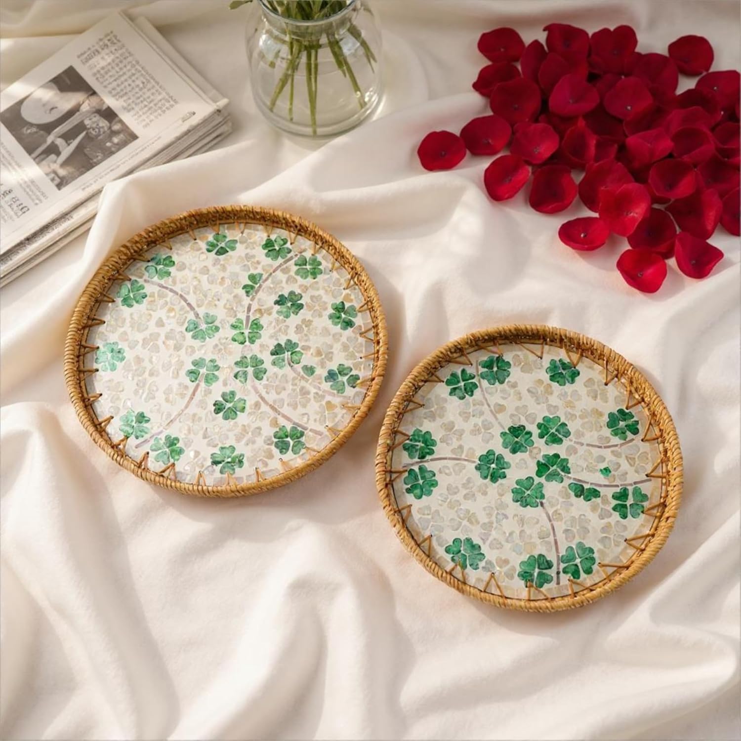 Round Rattan Tray with Mother of Pearl Inlay, Handwoven Wicker Coffee Table Serving Basket Tray for Fruit Snack Party Picnic Cafe Bedroom Kitchen Home Decor Set of 2 (Four Leaf Clover)