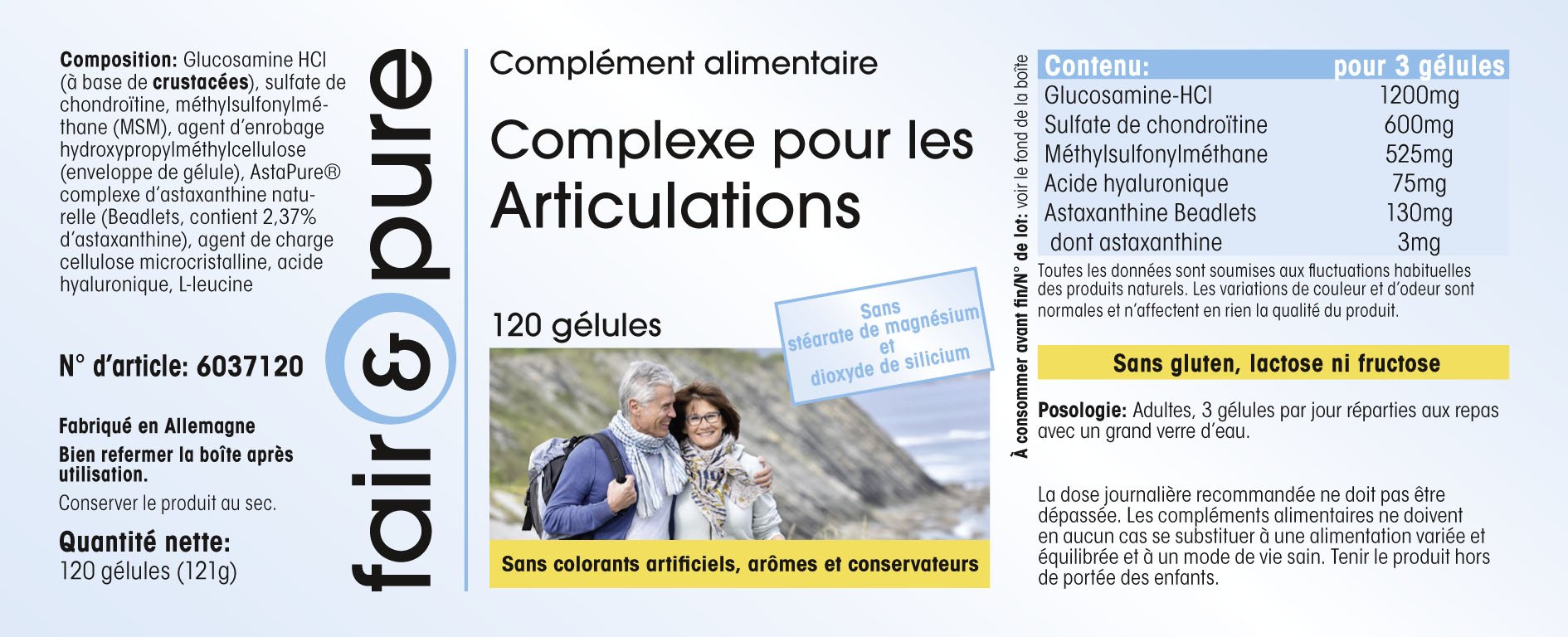 Fair & Pure® - Glucosamina Complex - Glucosamina e condroitina + MSM e Astaxantina - Complesso articolare - 120 Capsule