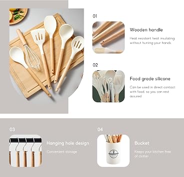 Kitchen Utensil Set, 12 PCS Silicone Cooking Utensils Set with Wooden Handle, Heat Resistant, Nonstick Cookware Tongs Spatula Spoon Set, Silicone Kitchen Utensils Set Suitable for Kitchen(Off White) ﻿