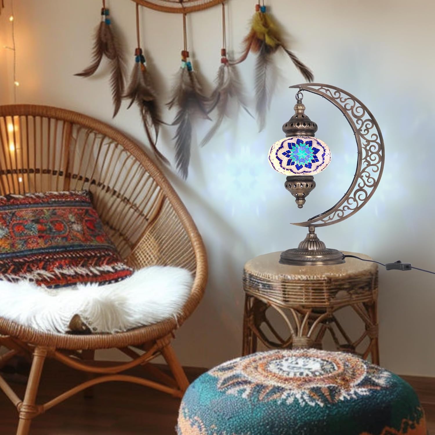 Turkish Mosaic Moon Bedside Light - Stained Glass Tiffany Lamp, Handmade Swanneck Colored Lights in Blue White