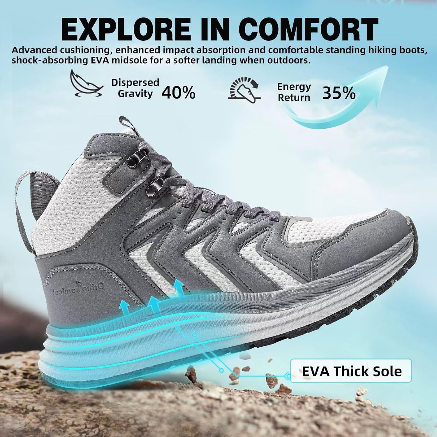 Men's Orthopedic Mid Trekking Hiking Boots: Comfortable Plantar Fasciitis Ankle Support Work Walking Running Shoes, Orthotic Cushion Sport Gym Cross Training Trail Sneakers for Foot Heel Pain Relief - Image 2