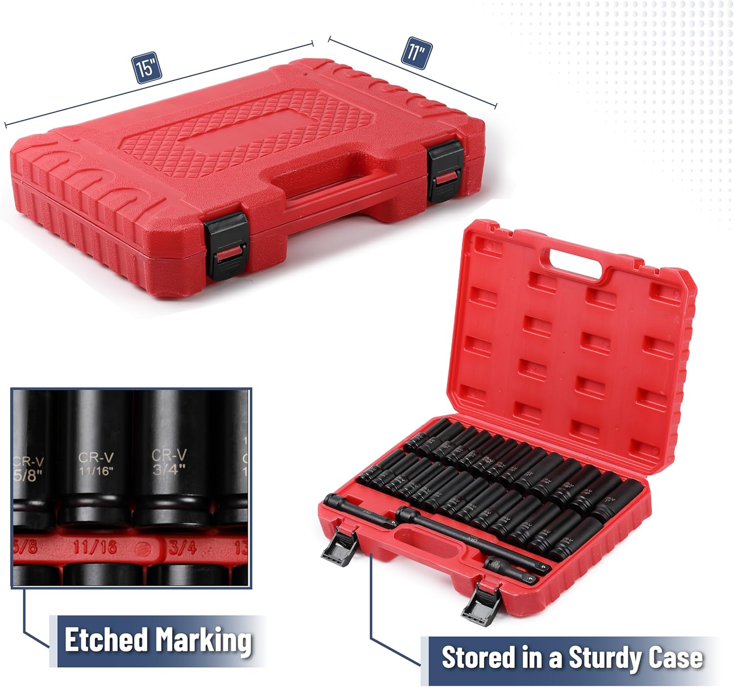 Bates- Deep Impact Socket Set, 29 pcs, 3" 5" 10" Impact Extension Bar, SAE & Metric