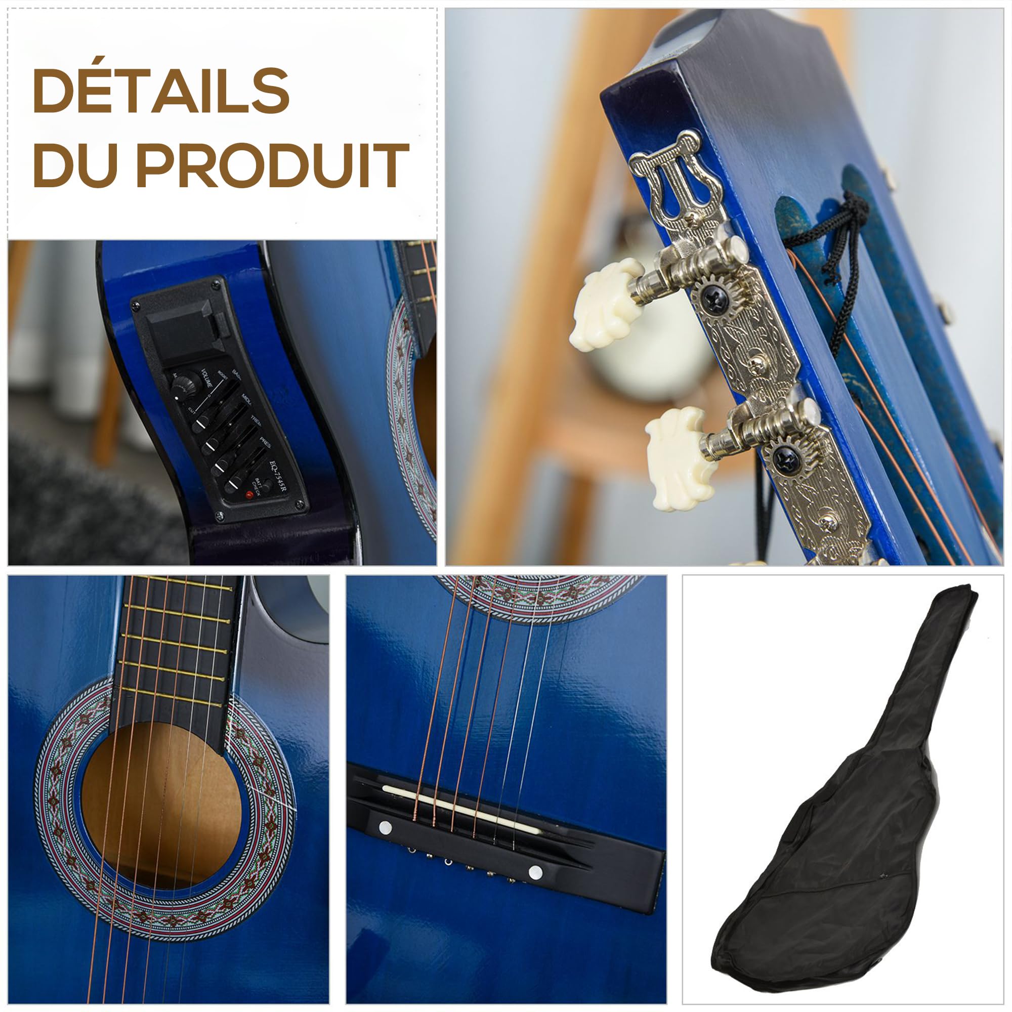 HOMCOM Chitarra elettroacustica kit con custodia tracolla corde plettri cavo blu nero