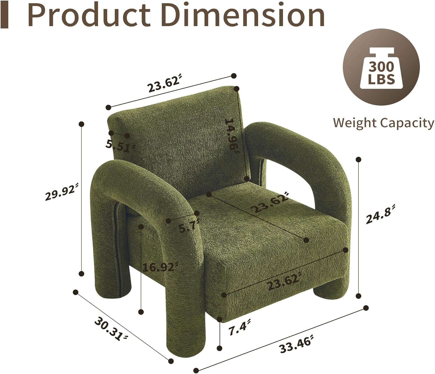 33.5" Modern Accent Chair, Velvet Single Sofa for Living Room,Comfy Arm Chair Leisure Armchair Single Sofa Chair with Curved Arm for Living Room, Apartment,Bedroom,Green