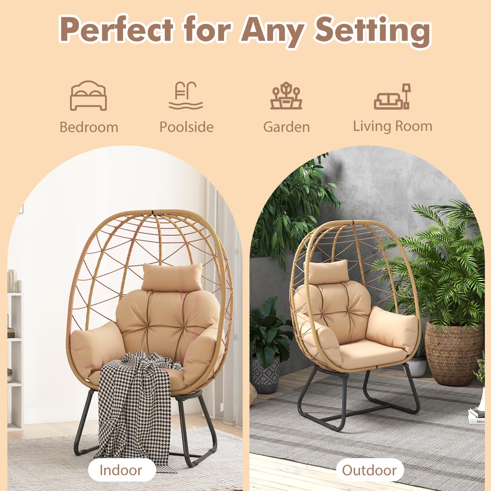 LIFEZEAL Silla Huevo de Mimbre, Sofá de Ratán para Jardín, Patio, Con Cojín Extraíble, Almohada, Soporte de Metal, para Balcón, Porche, Terraza (Beige)