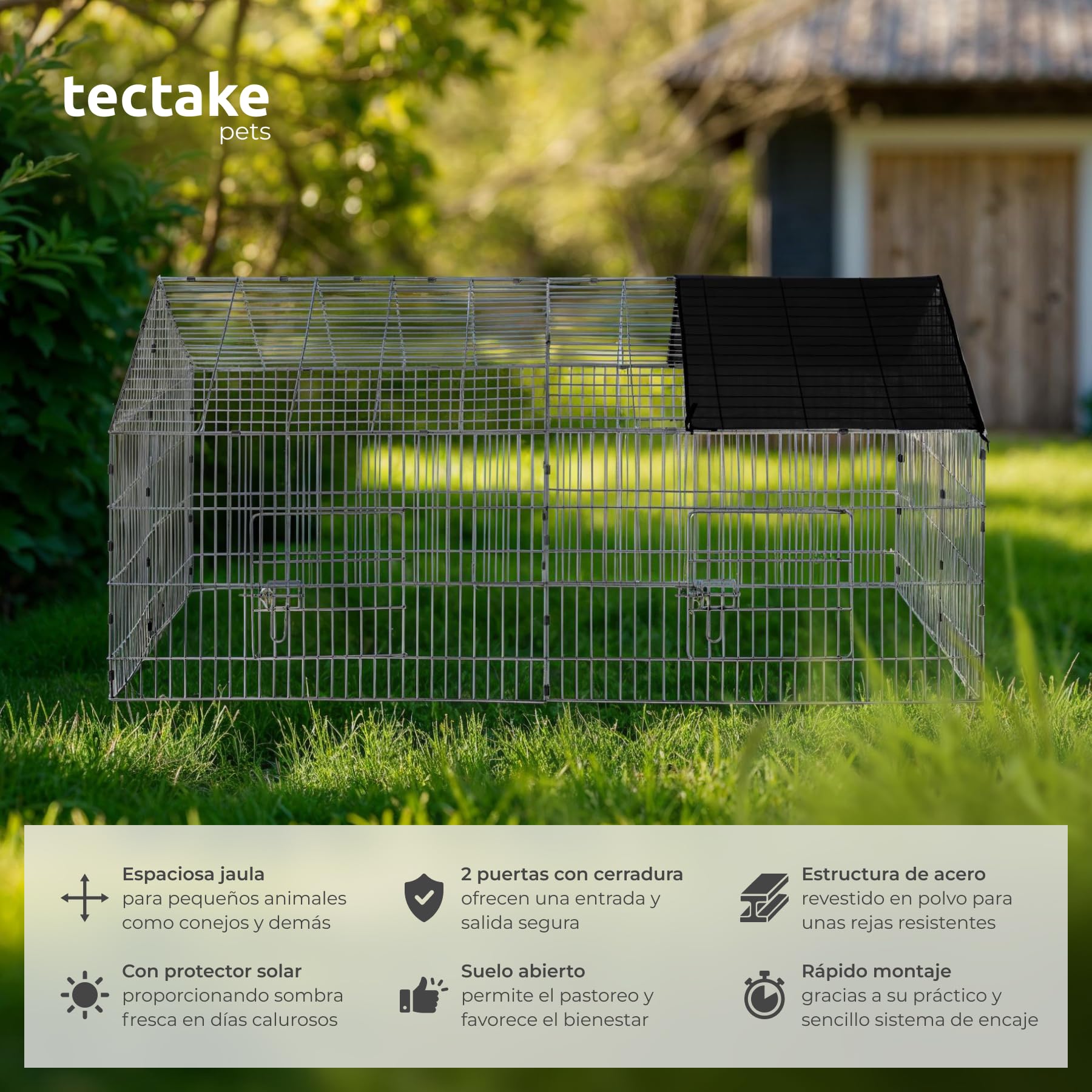 tectake® Jaula Conejo, Casa para Conejos de Mascota al Aire Libre, Conejera Exterior con Caseta Funcional y Acceso Fácil, Diseño Cómodo y Seguro - 180 x 75 x 75 cm Negro