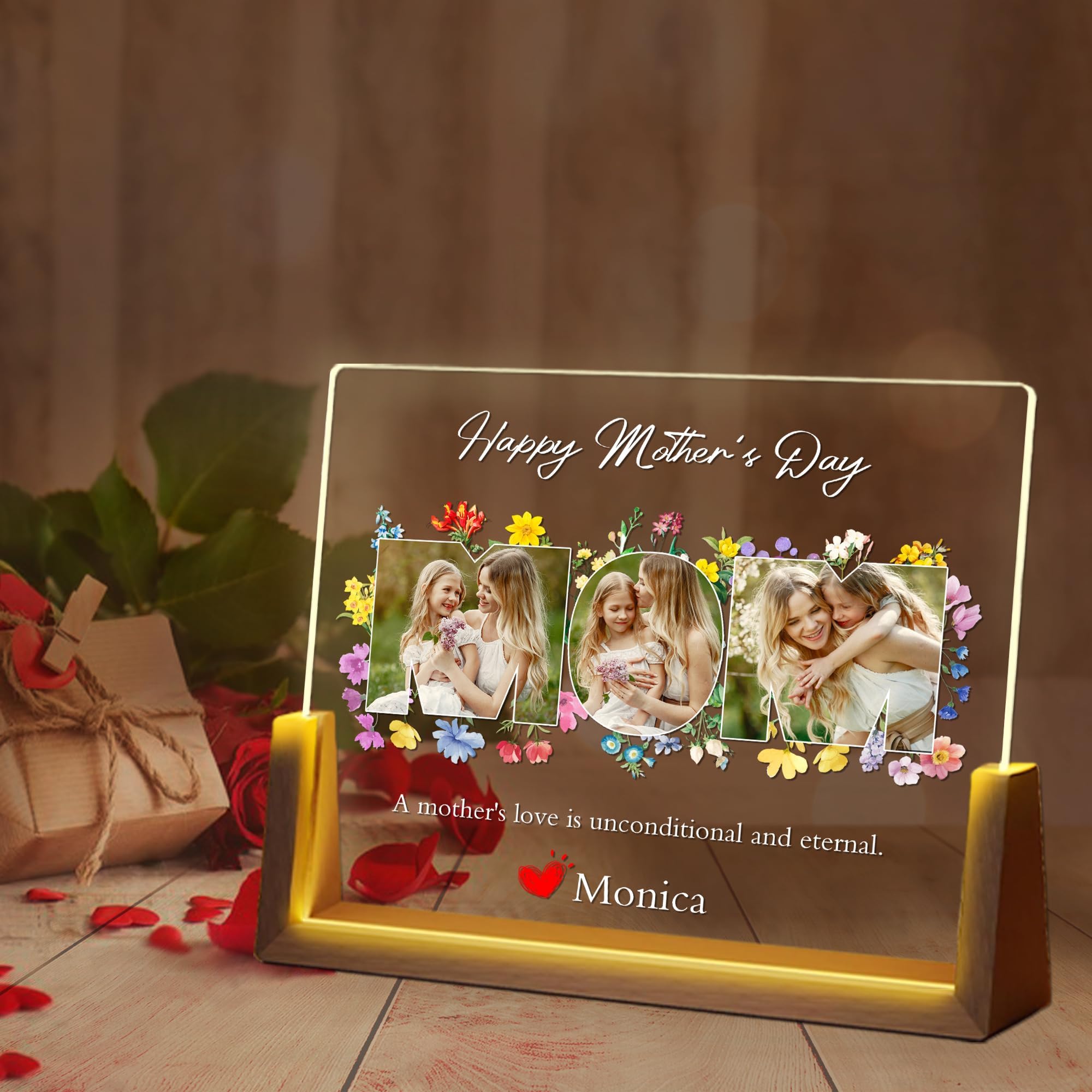 Personalized Mom Gifts for Mother’s Day From Daughter Son, Custom Acrylic Plaque Printed with Photos Text, Custom Walnut Picture Frame With LED Night Light, Unique Birthday Gifts For Wife from Husband