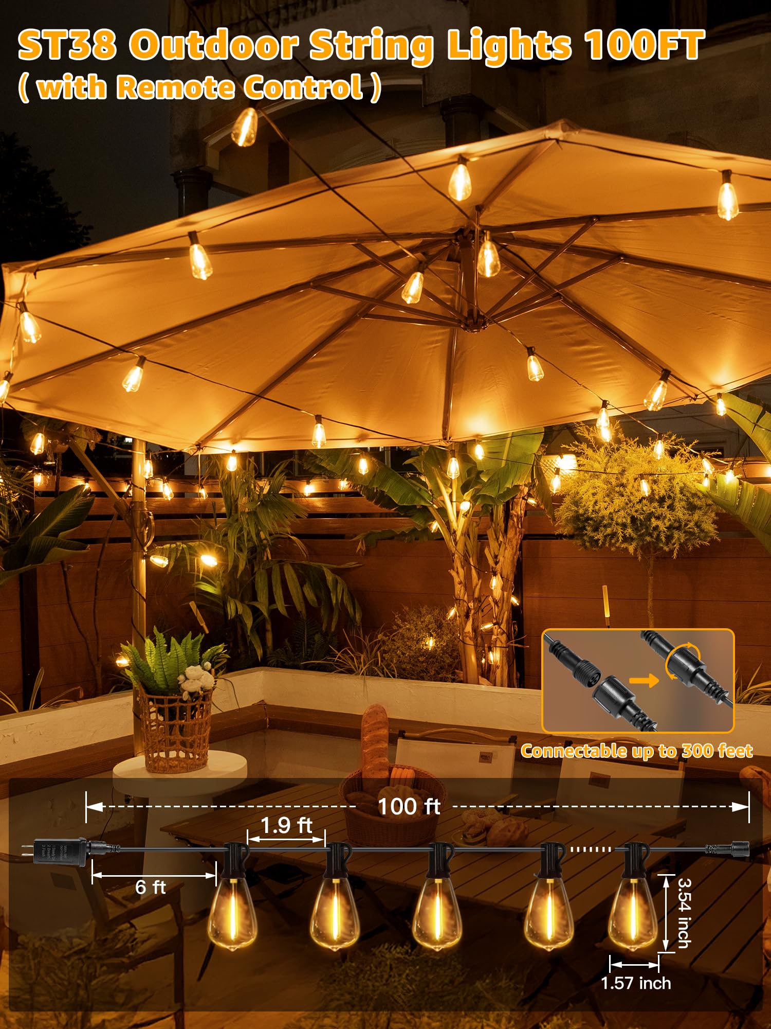 Guirlande lumineuse d'extérieur à intensité variable avec télécommande, 30,5 m avec 2 minuteries et 3 modes, lumières de terrasse étanches et incassables, 2 200 K, 3 ampoules de rechange pour patio et