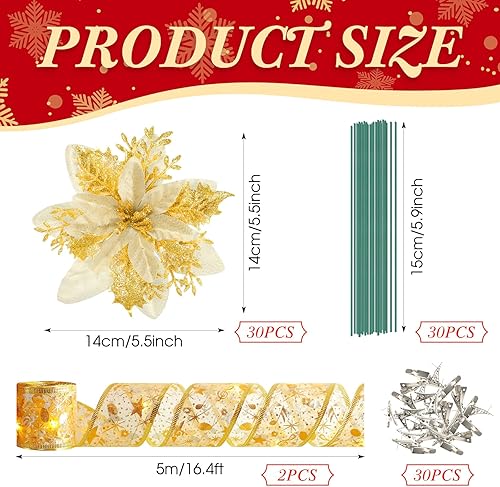 Miniatura 2 de Tigeen 30 unidades de flores de Navidad, 2 rollos de luces de cinta de Navidad de 16 pies, flores de pascua artificiales de Navidad, decoración de