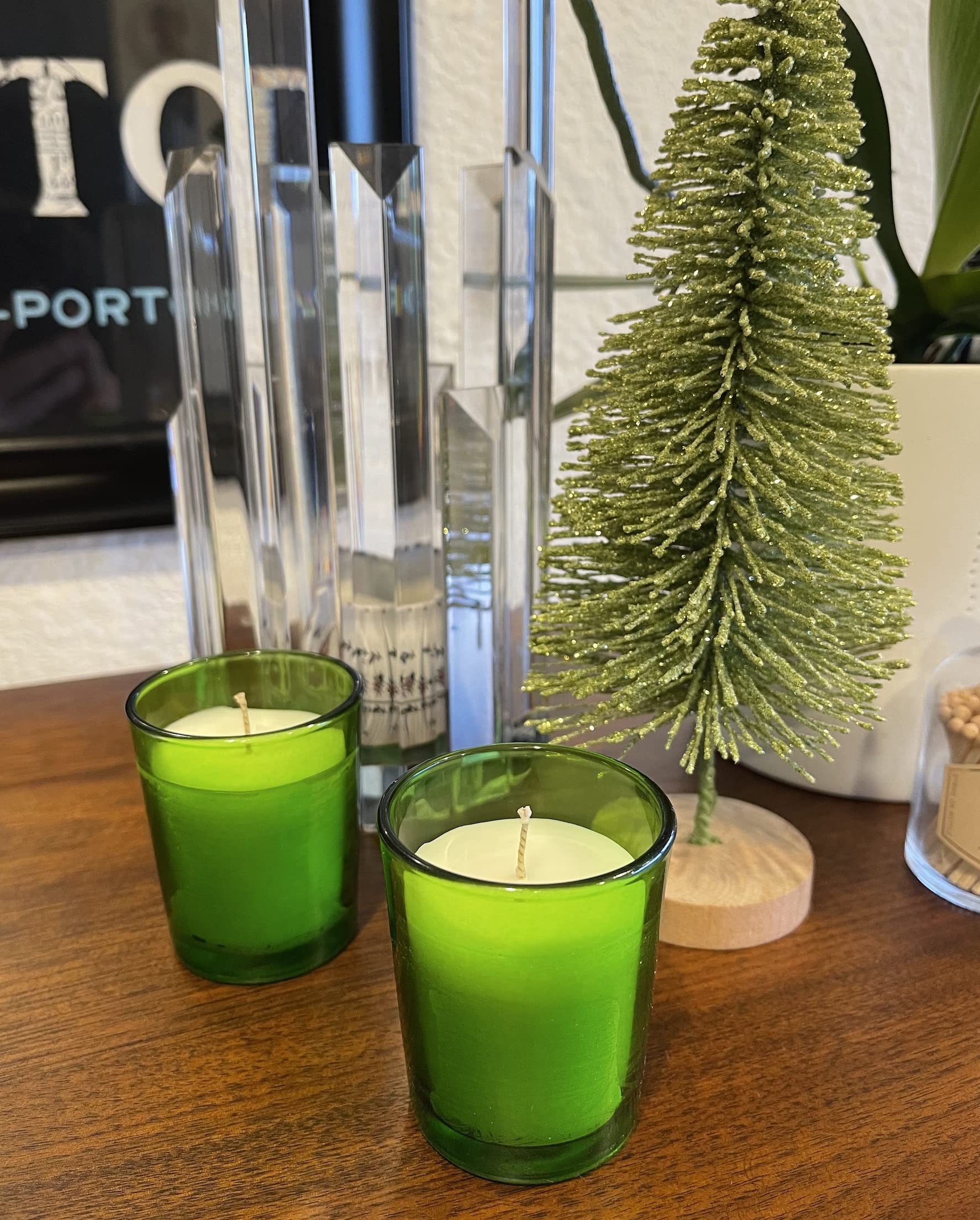 Mister Candle - Green Color Filled Glass Votive Candles Jar, Perfect Home Decoration, Wedding Favors Hand Poured in USA (Set of 12) (Unscented)