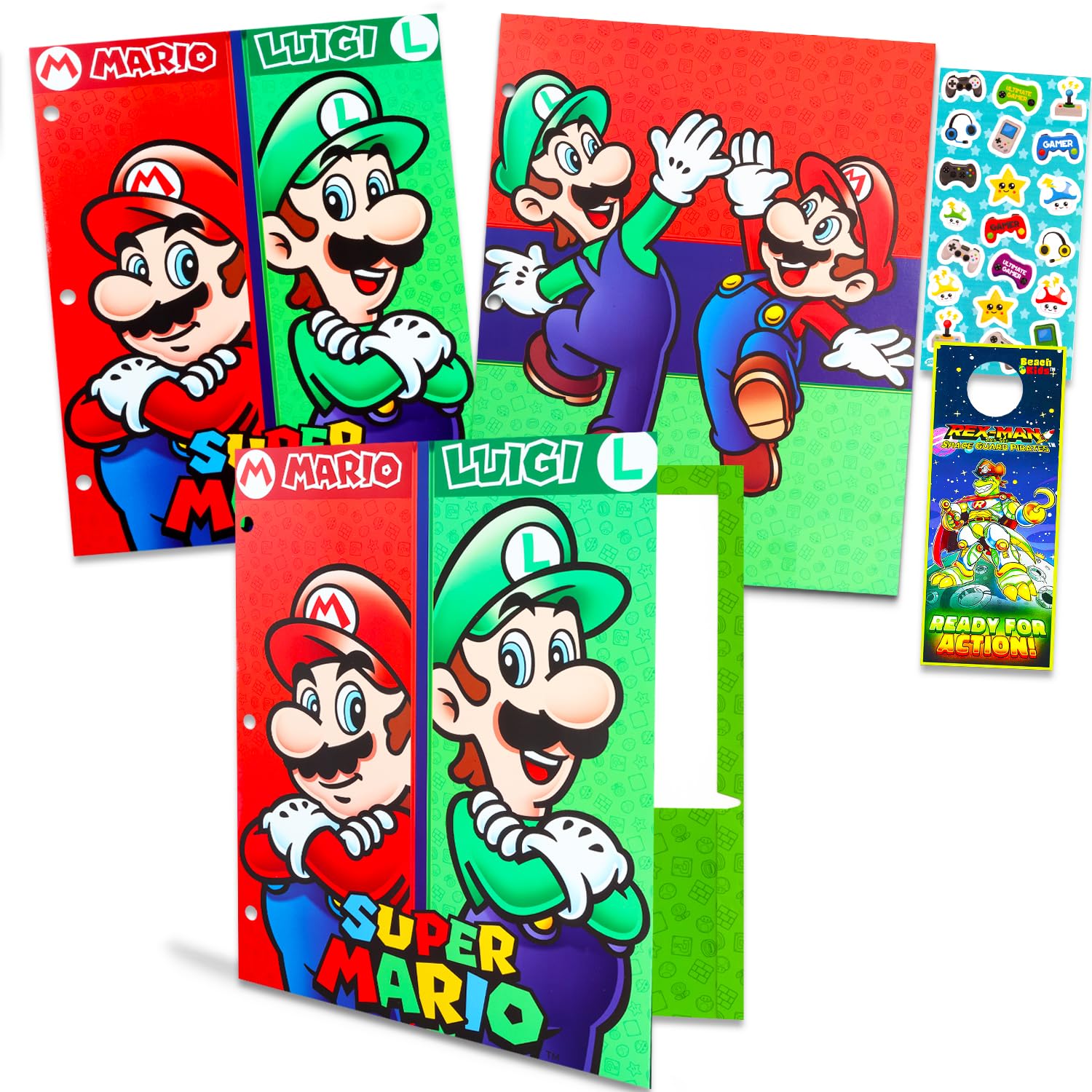 3 Super Mario School Folders - Bundle with 3 Mario 2 Pocket Heavy Duty Laminated Folders for School, Office, More | Mario School Supplies for Boys