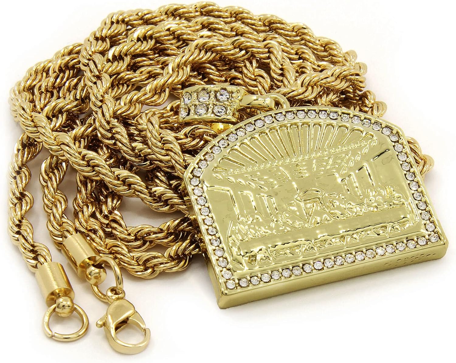 14K Gold Silver Plated Iced Simulated Diamond Religious JESUS LAST SUPPER Pendant & 4mm 24" Rope Chain Hip Hop Style Fashion 2 Necklace Gift Set