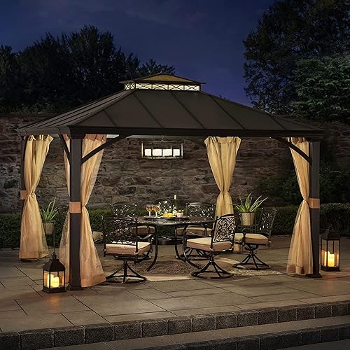 Miniatura 9 de Sunjoy Gazebo de techo rígido de 11 x 13 pies, para patio al aire libre, marco de aluminio antioxidante, con gancho para el techo y red de malla,