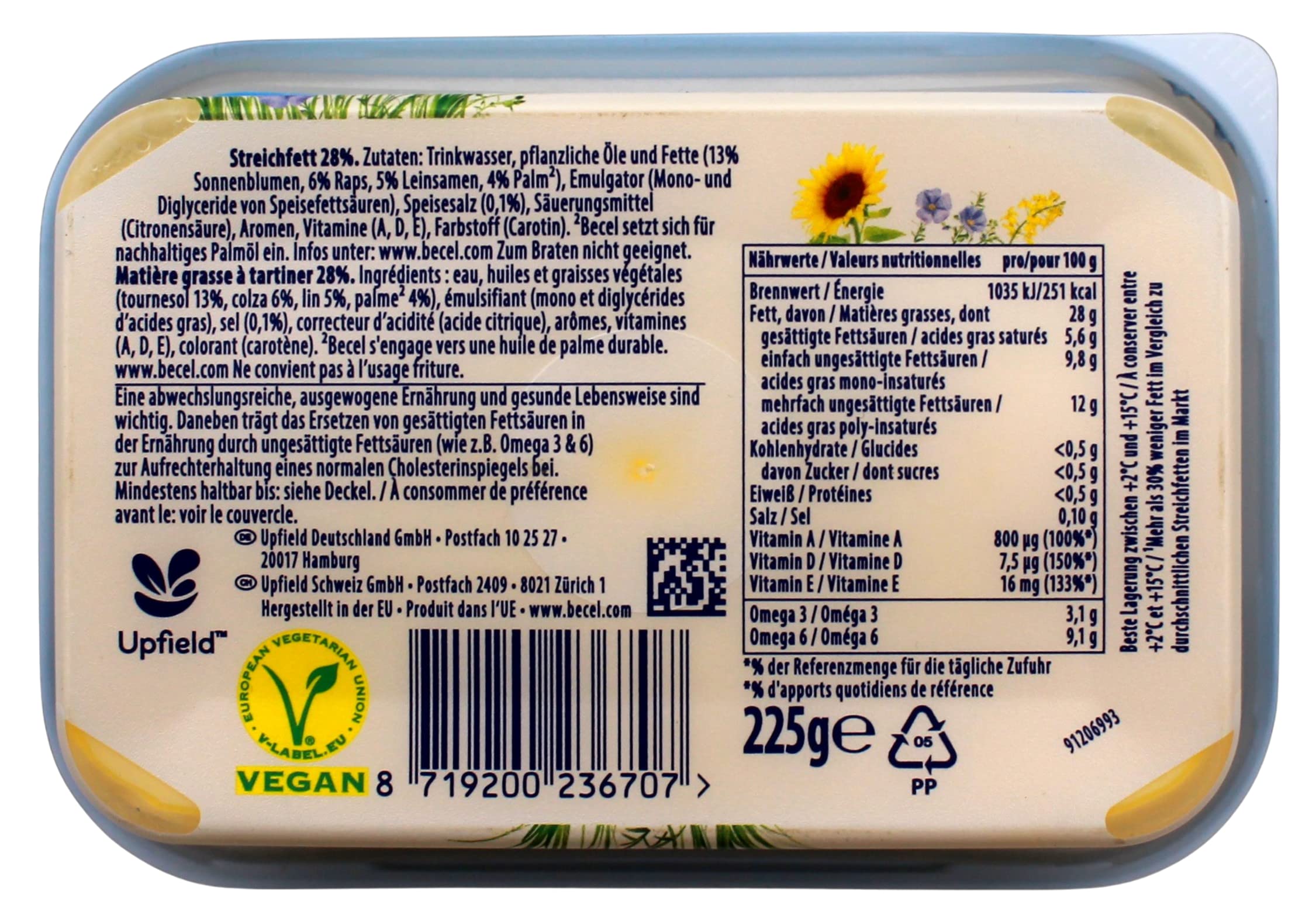 Becel Vital natürlich reich an Omega 3 Margarine, 8er Pack (8 x 225g)