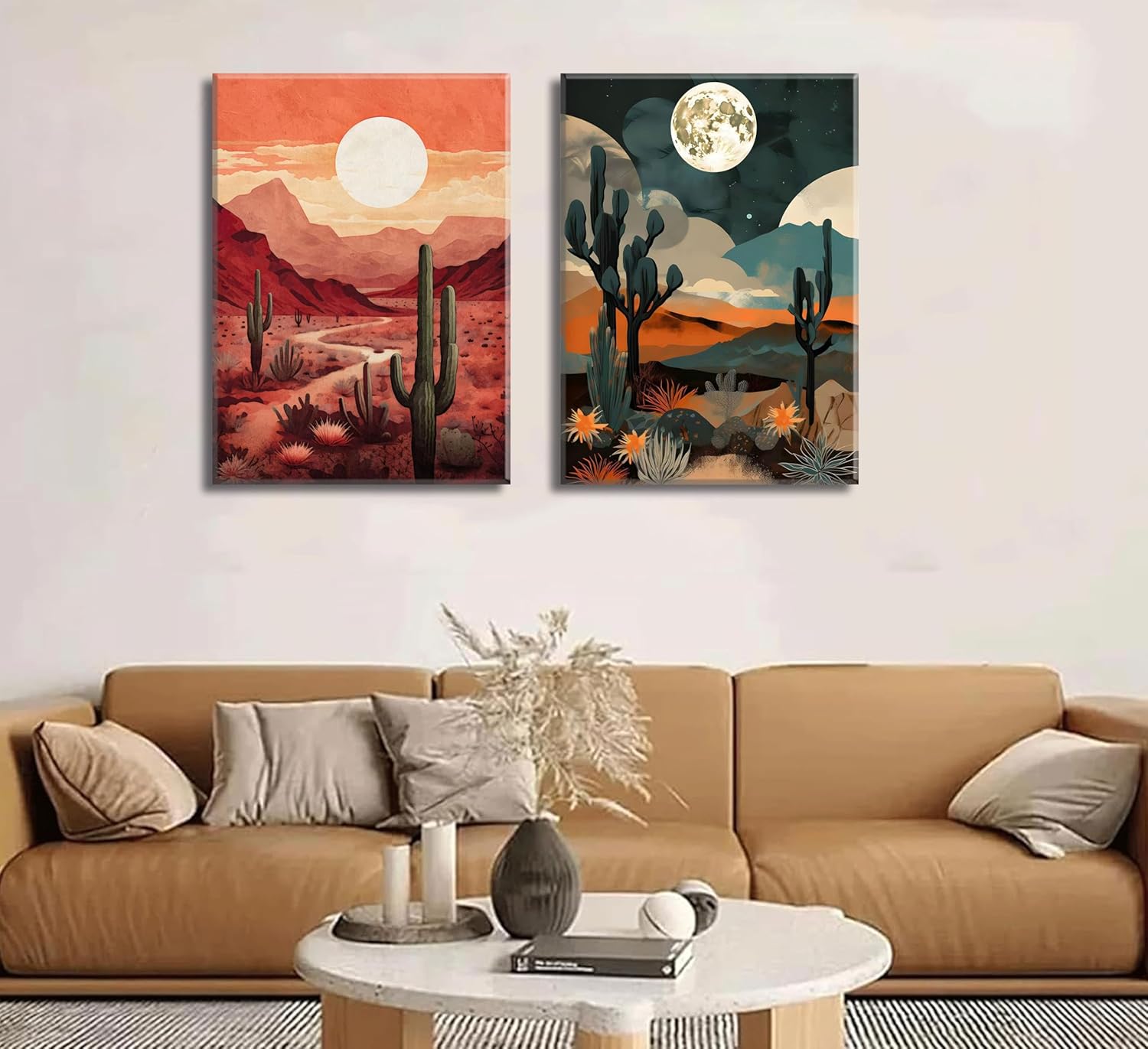 2Pcs Sun Moon Desert Landscape Canvas Wall Art Day Night Western Wall Decor Southwest Boho Cactus Prints Nature Wilderness Painting Mid Century Modern Mountain Poster Pictures for Living Room Framed