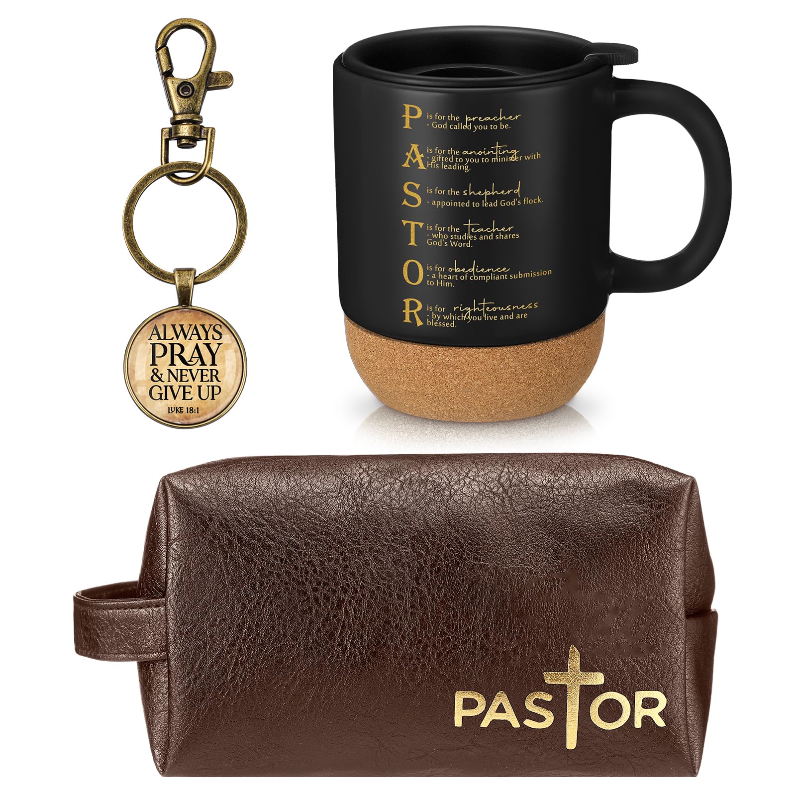 Dansydaisy 3 Pcs Fathers Day Church Gifts 13.5 oz Ceramic Cup with Lid Man of God Religious Leather Bag and Inspirational Christian Keychain for Men Pastor Church Welcome Gifts(Pastor,Brown)