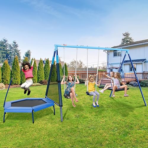 Miniatura 2 de Juego de columpio de metal resistente con trampolín de 47 pulgadas, 2 asientos de columpio y columpios de plataforma, juego al aire libre para niños