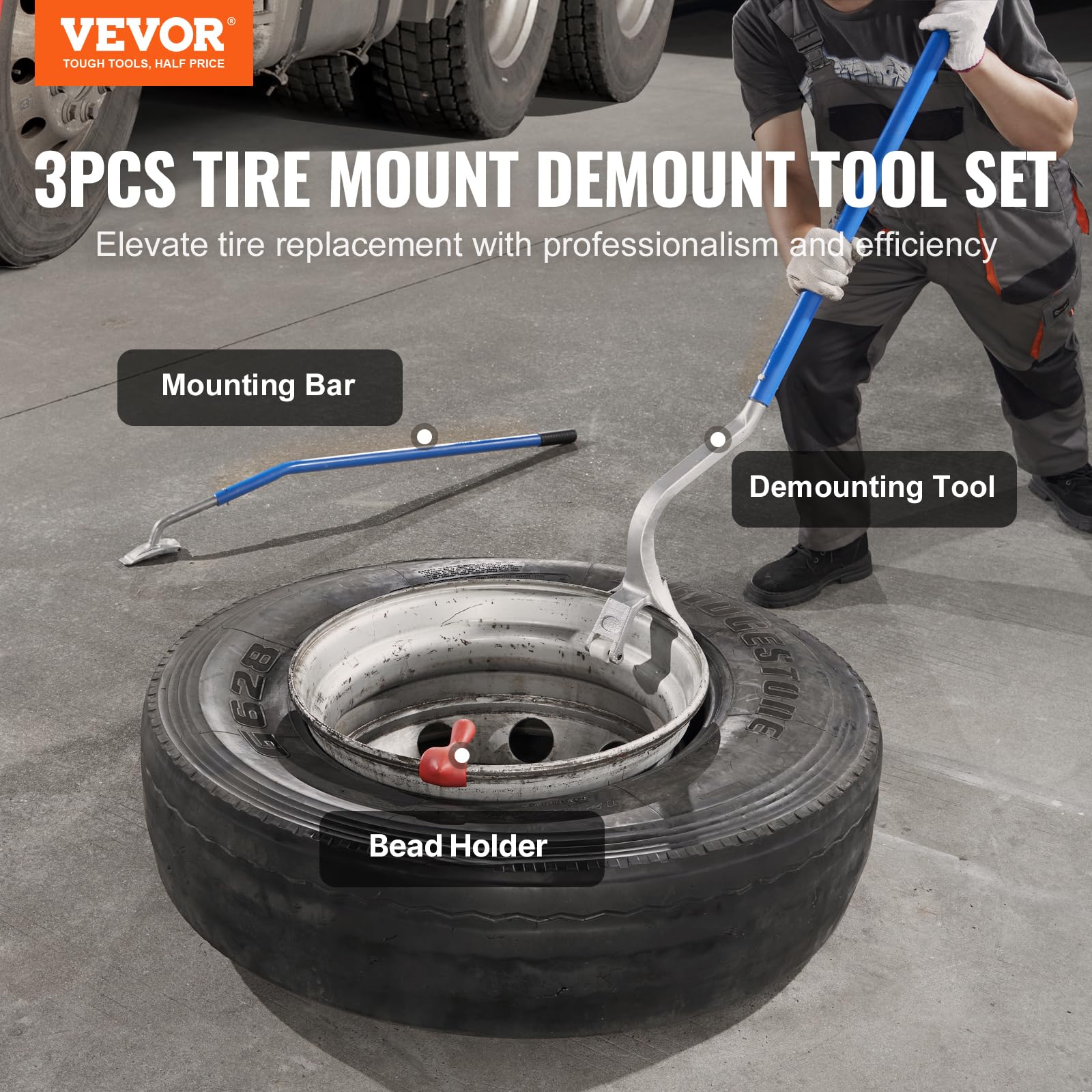 VEVOR Herramienta de Desmontaje de Neumáticos 571-622 mm Barra de Acero para Cambiar Neumáticos Montaje Desmontaje Manual 3 Herramientas para Cambiar Neumáticos Taloneras para Camiones Coches, Azul
