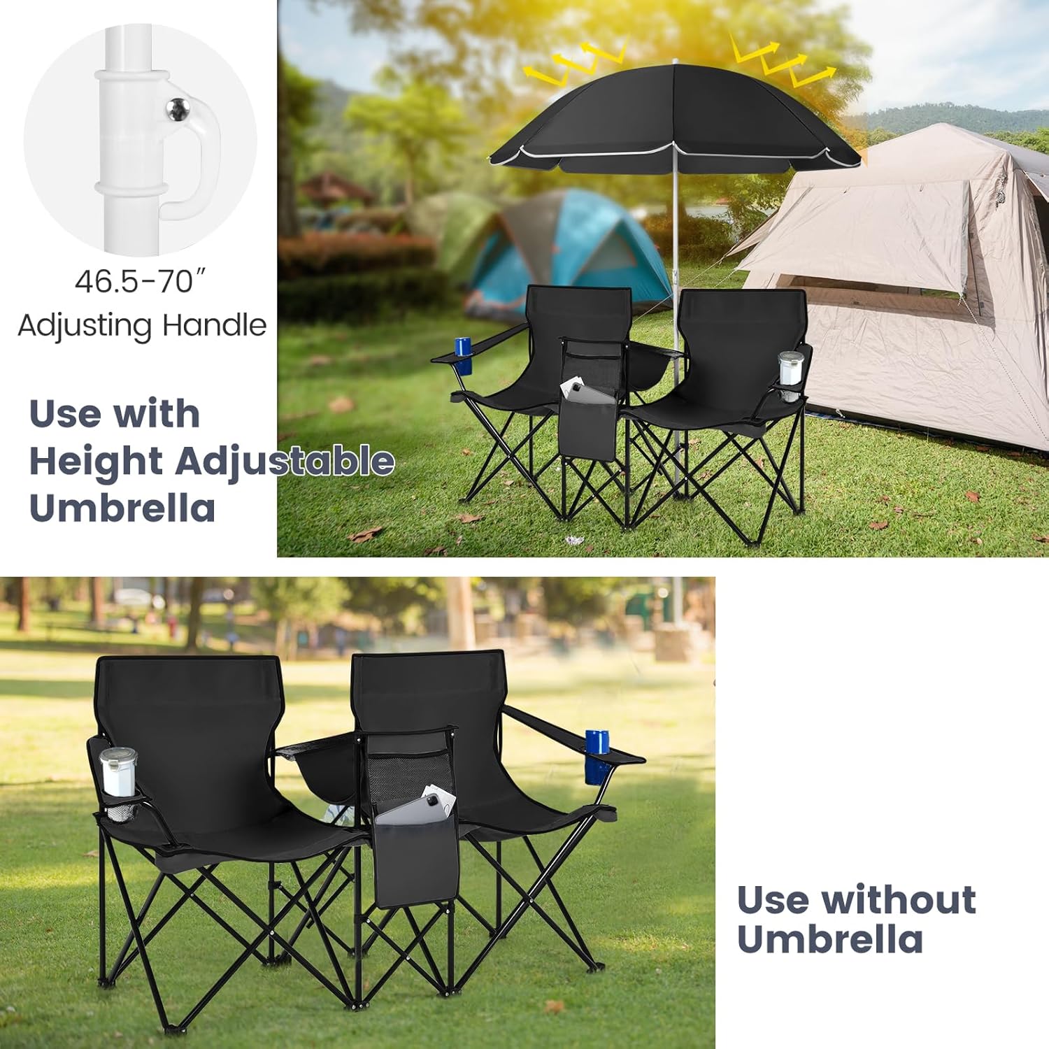 KOTEK Double Camping Chair, Folding Camp Chair with Removable Umbrella, Cup Holders, Cooler Bag, Side Pocket & Carry Bag, 2-Person Beach Chair for Outdoor, Sports, Concerts, Travel, Picnic (Black)