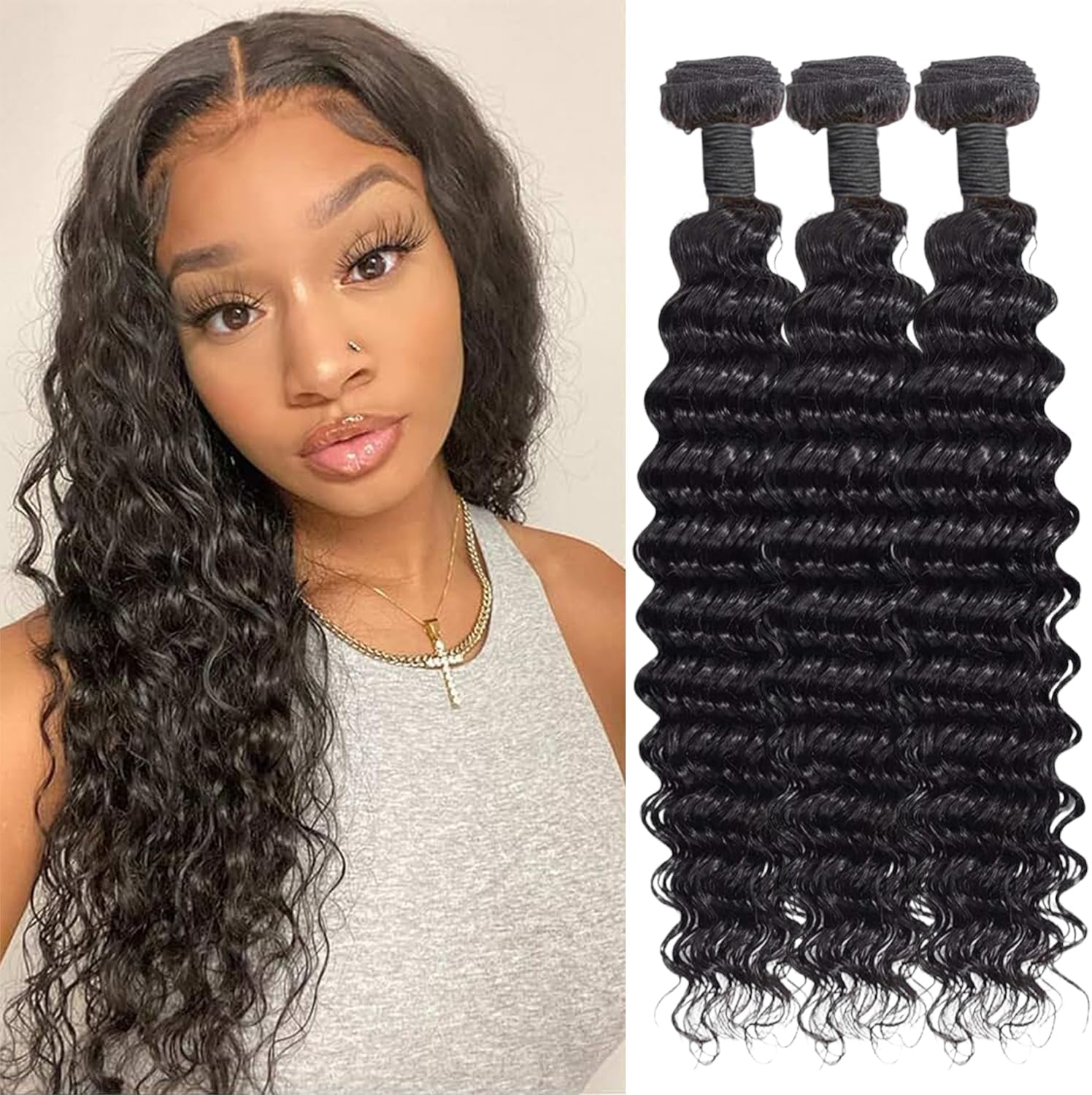 Human Hair Bundles Przedłużanie włosów ludzkich Hair Extensions Deep Wave Curly Unprocessed Brazilian Virgin Weave Bundles Human Hair Extensions for Women Natural Black 12 14 16 Inches 210g