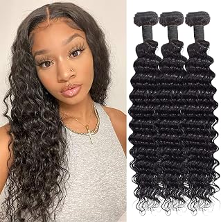 Human Hair Bundles Human Hair Extensions Hair Extensions Deep Wave Curly Unprocessed Brazilian Virgin Weave Bundles Human Hair Extensions for Women Natural Black 16 18 20 Inches 210g